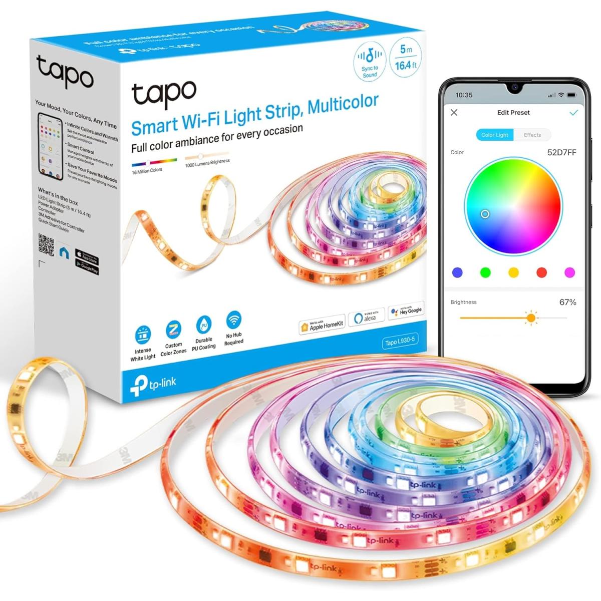 TP-Link Tapo L930-5 RGBWIC Smart LED Light Strip 16.4Ft, 1000 Lumens, 16M Dimmable Colors, 50 Color Zones, Works w/Apple HomeKit/Alexa/Google Home, Sync-to-Sound, IP44 PU Coating, Trimmable