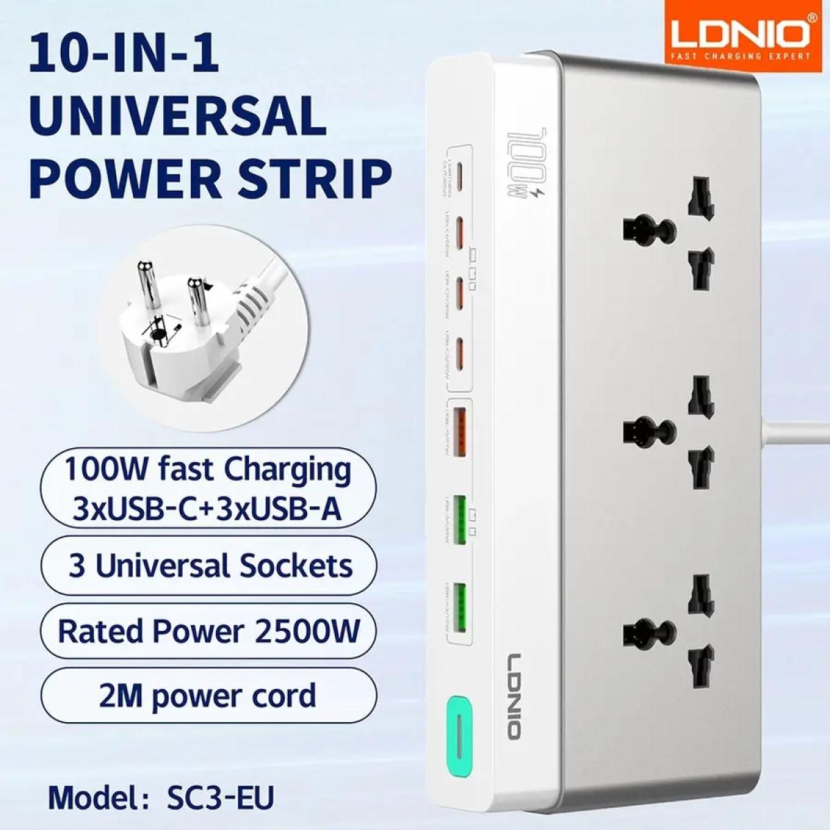 LDNIO SC3 10 in 1 GaN Power Strip 100W PD Fast Charging 2500W AC Multi Port for Desktop Home Office Use Power Extension Socket (EU)