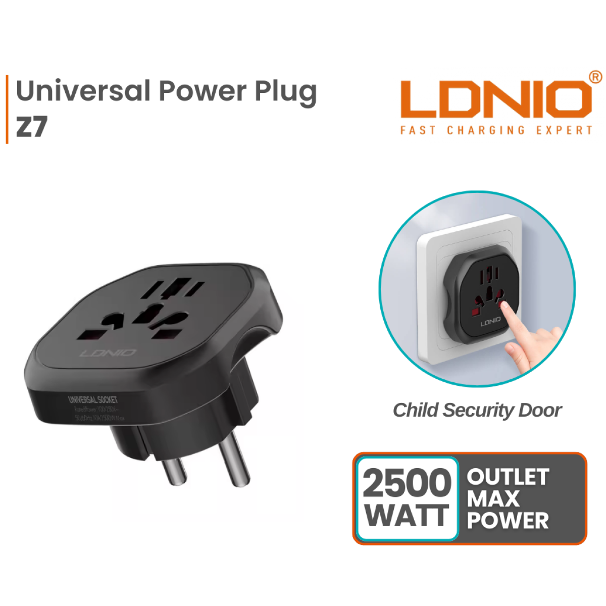 LDNIO Z7 Universal Travel Adapter with Power Strip | 4-in-1 International Plug Converter (UK, US, EU, AU) | 2500W Surge Protected Power Socket | Compa & Child-Safe