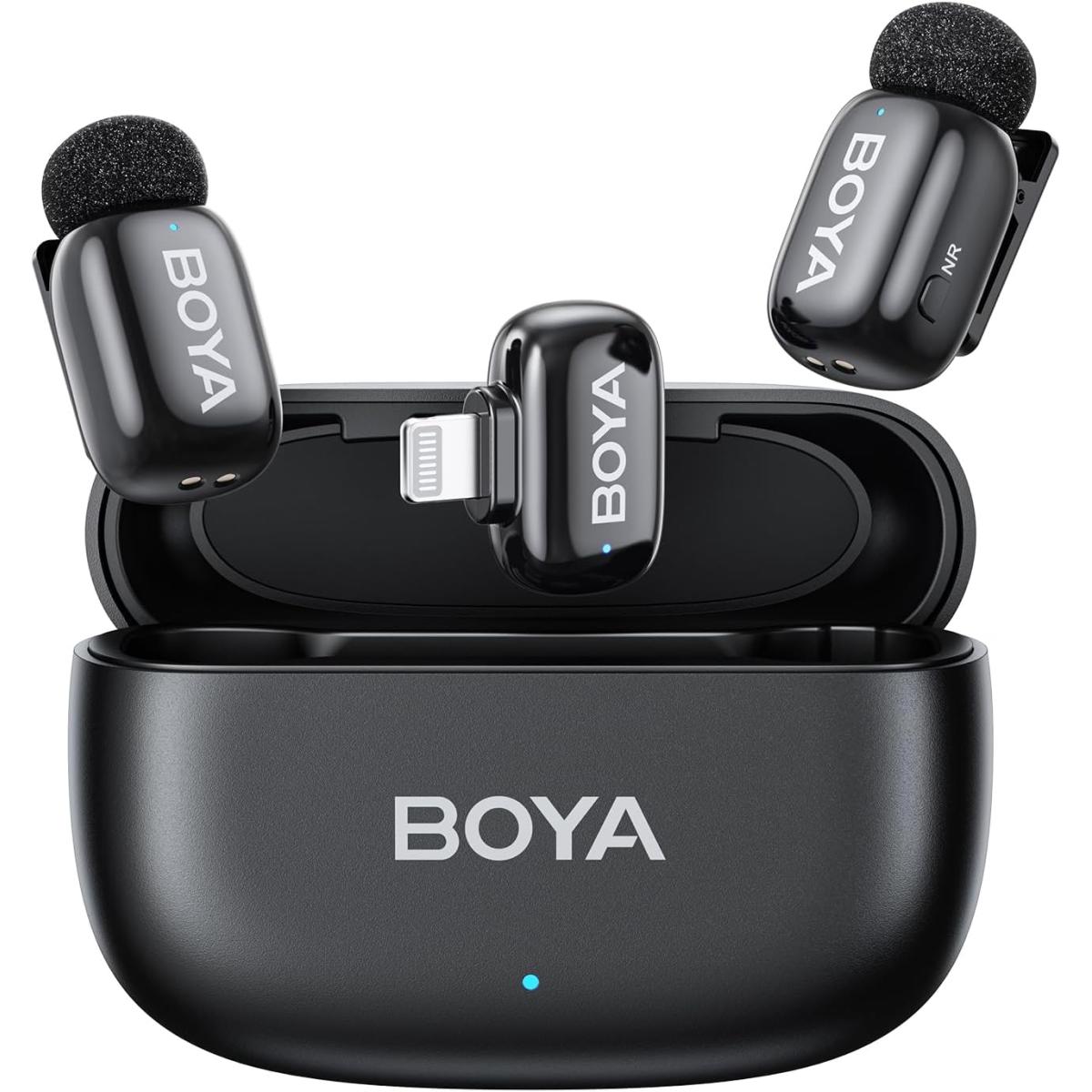 Boya Mini 2 03 (lightning) Wireless Lavalier Microphones For Iphone 15/16/17 & Android, Ai Noise Cancellation, App Control, 30h Battery Life With Charging Case, Lapel Microphone Wireless For Video Recording Vlogging , Black