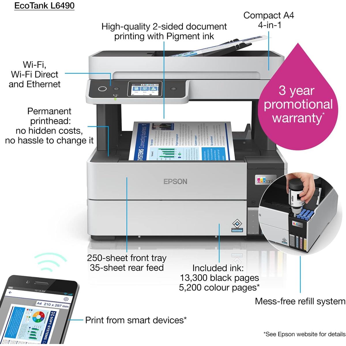 Epson EcoTank L6490 Color All-in-One Wireless Multi-function Machine (Copy/Print/Scan) - Black Epson EcoTank L6490 Color All-in-One Wireless Multi-function Machine (Copy/Print/Scan) - Black
