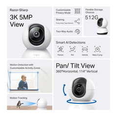 Tp Link Tapo Tc74 3k 5mp Pan And Tilt Ai Home Security Wi Fi Camera, Ai Detection Person, Pet, Vehicle, Baby Crying, Motion Tracking And Detection, Night Vision, Two Way Audio Sound And Light Alarm