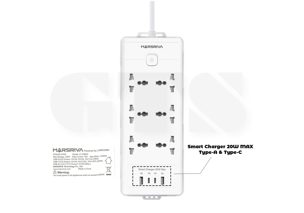 LINKCOMN Power Strip with 2X Type-C PD and 2X Type-A PS604 3m EU