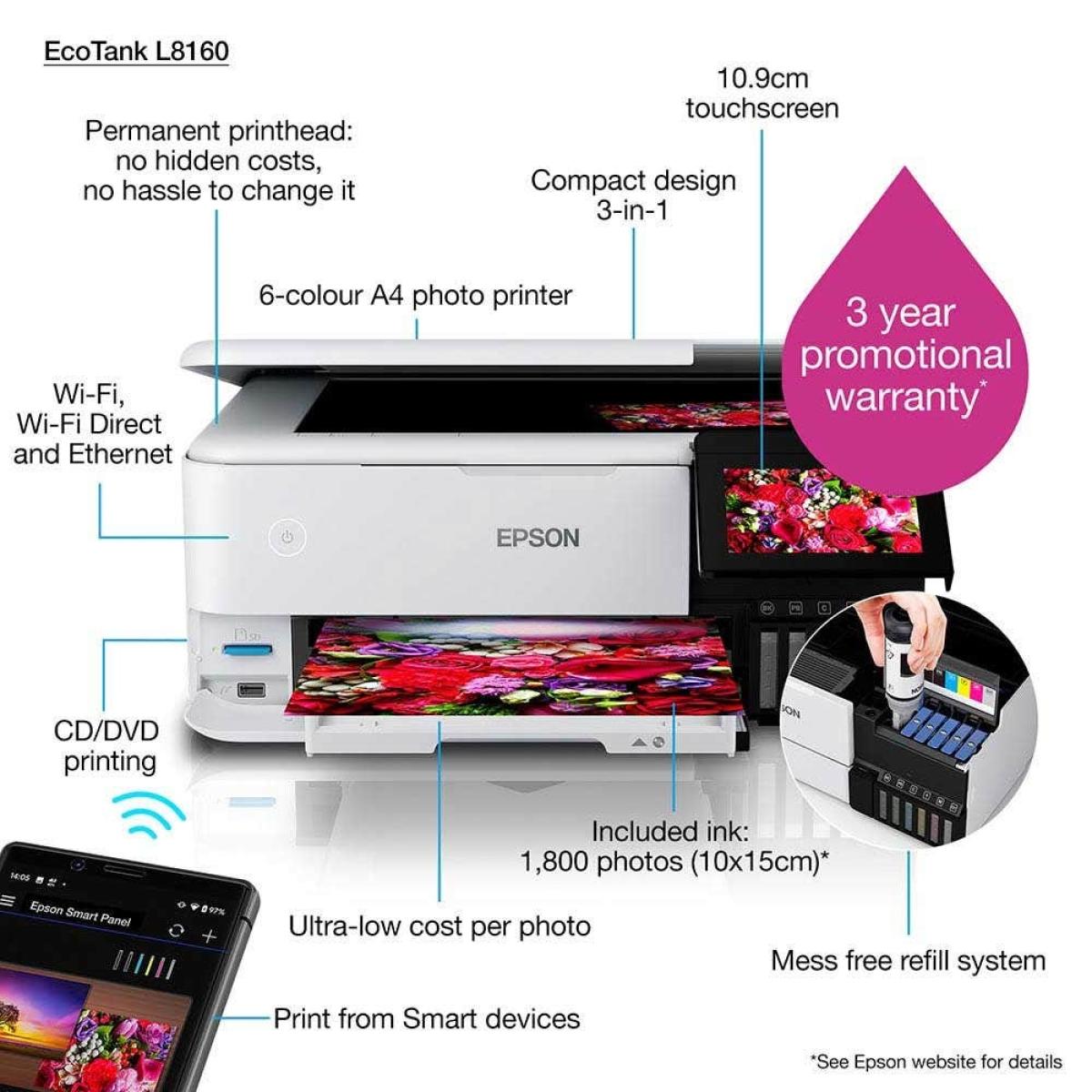 Epson EcoTank L8160 3 in 1 A4 Photo Printer, with 6 Colour Claria ET Ink, Up to 16ppm Print Speed, 5760x1440 DPI Resolution, Double-sided Printing, Wi-Fi, Ethernet & AirPrint, USB Host, White Epson EcoTank L8160 3 in 1 A4 Photo Printer, with 6 Colour Claria ET Ink, Up to 16ppm Print Speed, 5760x1440 DPI Resolution, Double-sided Printing, Wi-Fi, Ethernet & AirPrint, USB Host, White