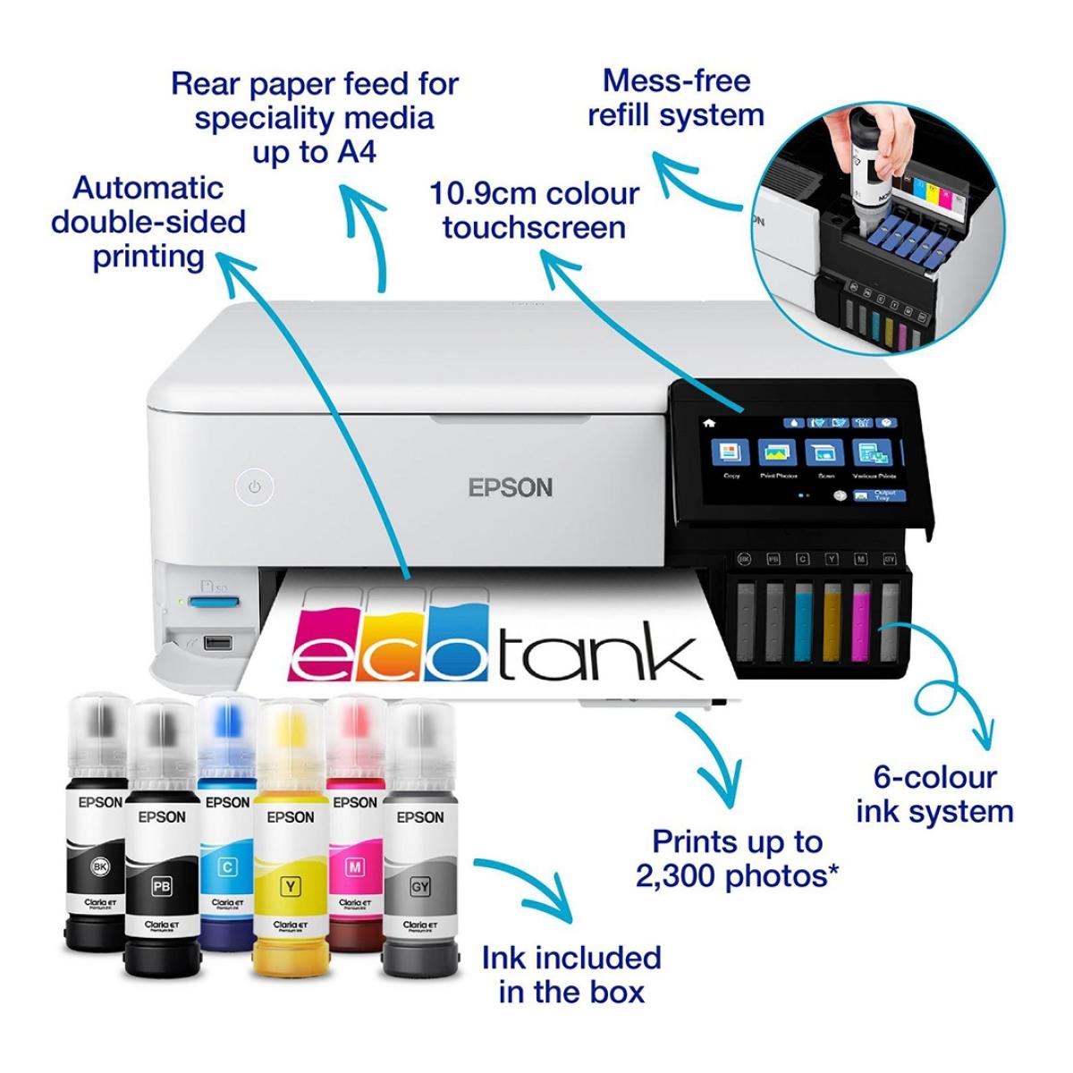 Epson EcoTank L8160 3 in 1 A4 Photo Printer, with 6 Colour Claria ET Ink, Up to 16ppm Print Speed, 5760x1440 DPI Resolution, Double-sided Printing, Wi-Fi, Ethernet & AirPrint, USB Host, White Epson EcoTank L8160 3 in 1 A4 Photo Printer, with 6 Colour Claria ET Ink, Up to 16ppm Print Speed, 5760x1440 DPI Resolution, Double-sided Printing, Wi-Fi, Ethernet & AirPrint, USB Host, White