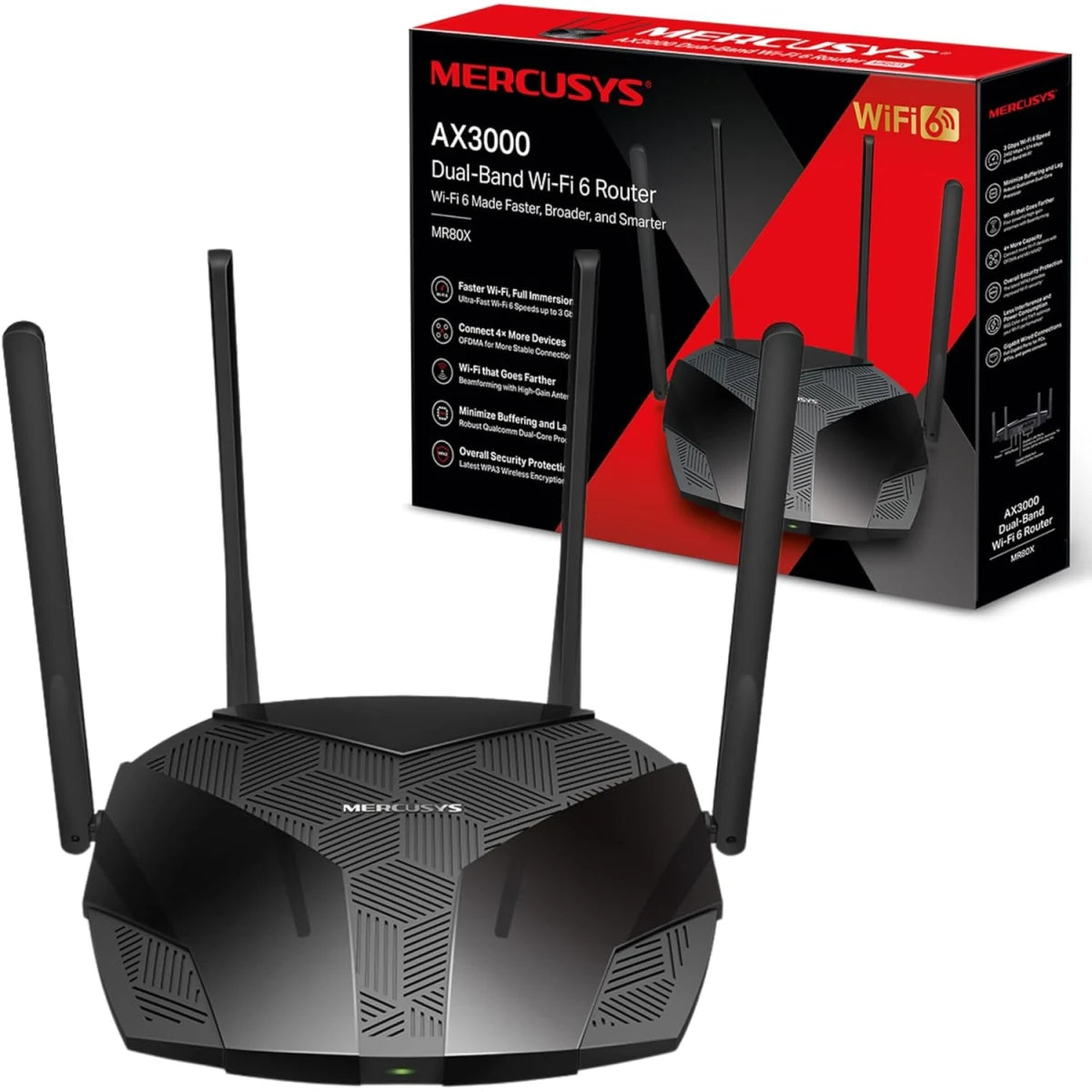 MERCUSYS MR80X AX3000 Wi-Fi Router 6 Dual Band, Wi-Fi Speed up to 2402Mbps (5GHz) + 574Mbps (2.4GHz), 160MHz Channel, 3 Gigabit LAN Ports, Ideal for Xbox/PS4/Steam and 4K Games