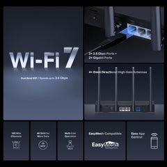 MERCUSYS MR27BE BE3600Mbps Dual Band WiFi 7 Router, 2x 2.5 Gbps Ports, 4K-QAM And MLO, WiFi Router with 4x High Gain Antennas for Maximized Coverage, 160 MHz, EasyMesh-Compatible