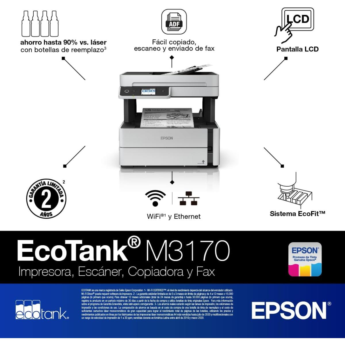 Epson EcoTank ET-M3170 Monochrome All-in-One Wireless Multi-function Machine (Copy/Print/Scan/Fax) - Black Epson EcoTank ET-M3170 Monochrome All-in-One Wireless Multi-function Machine (Copy/Print/Scan/Fax) - Black