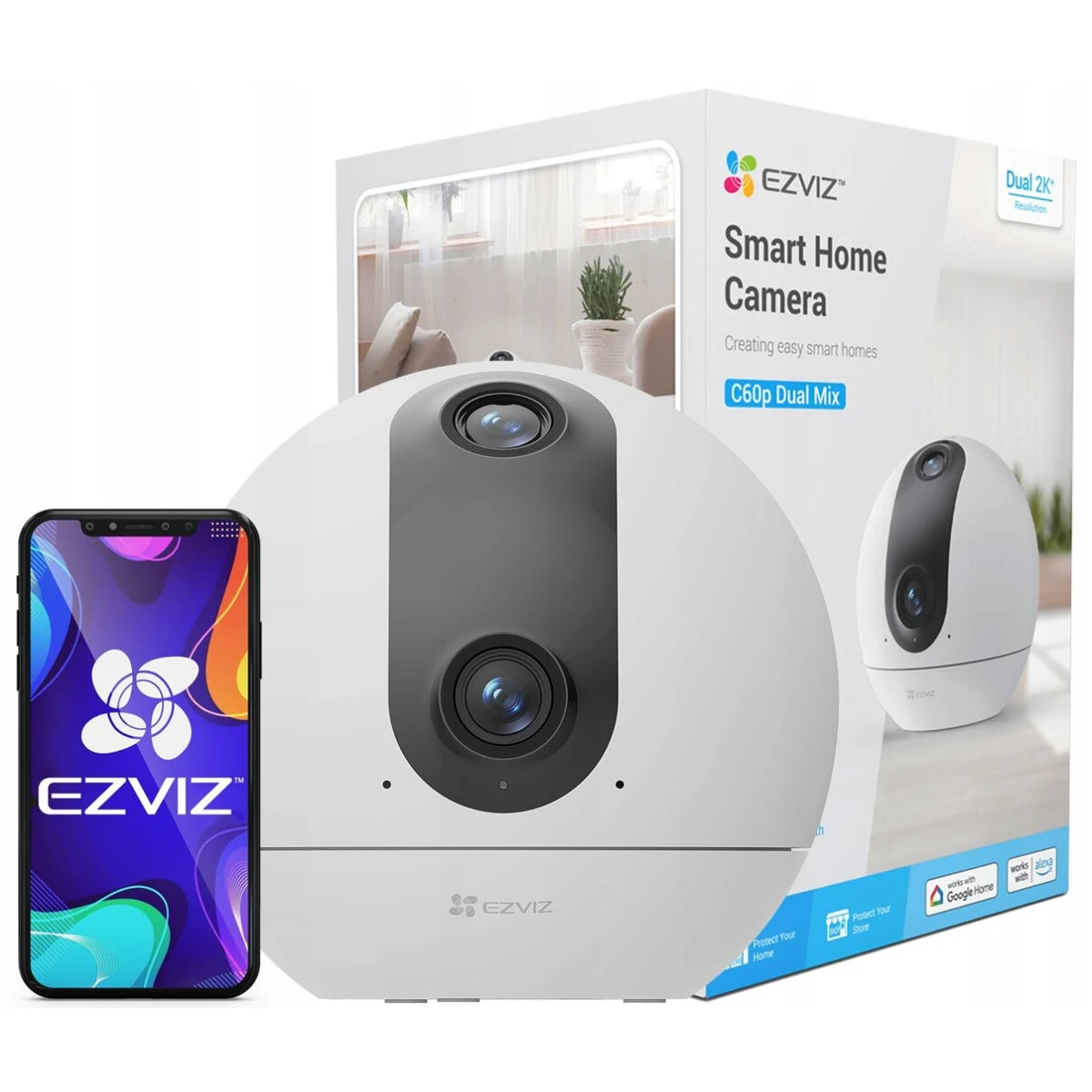 Ezviz C60p Dual Mix Smart Home Wi-Fi Camera, 2K & 2K Dual-Lens Stitching, 360° Panoramic View, IR Night Vision, Smart Tracking, Two Patrol Modes, H.265 Video Compression, White