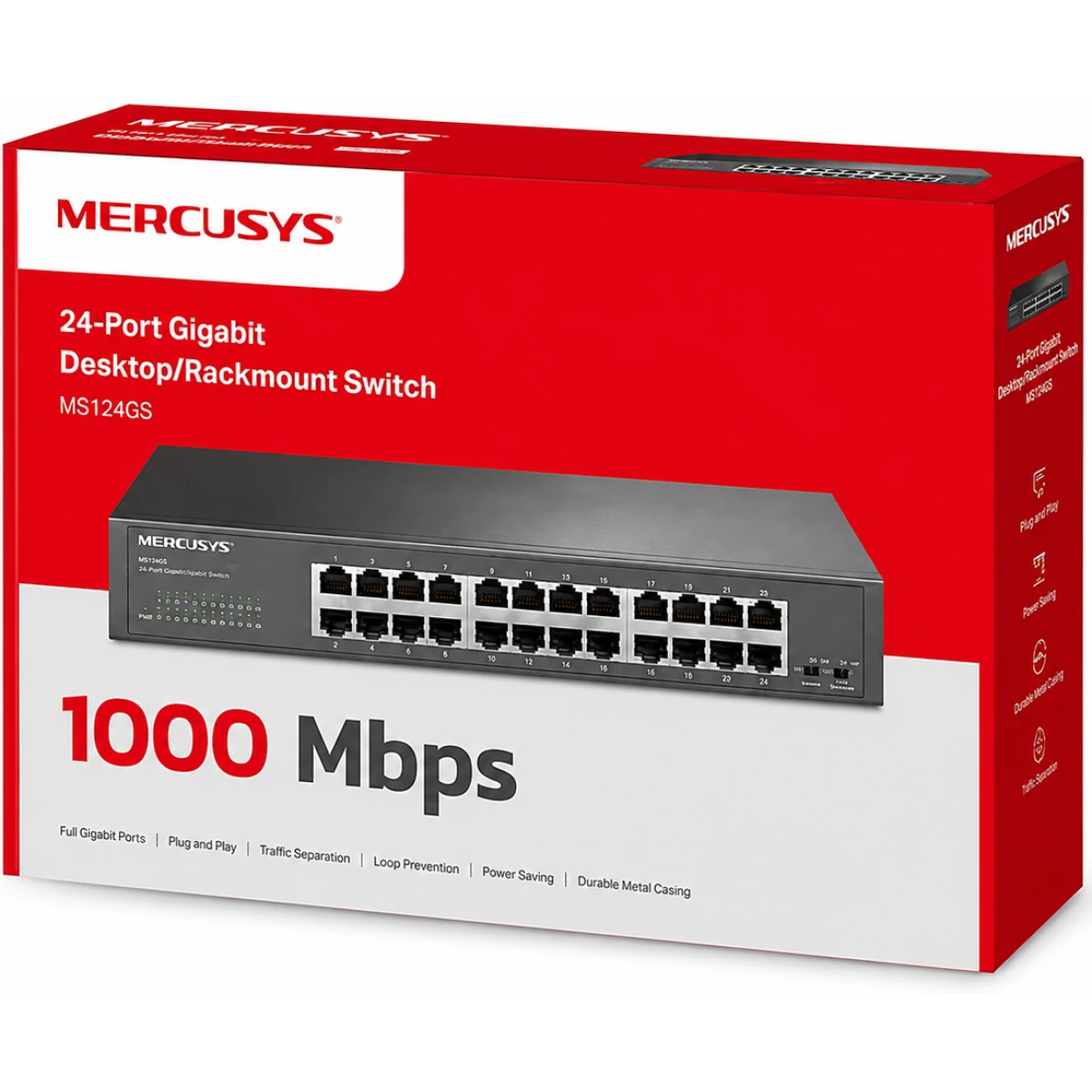 Mercusys MS124GS 24-Port Gigabit Desktop Rackmount Switch, 24x Gigabit RJ45 Ports, 48Gbps Switching Capacity, Isolation Mode, Loop Prevention, 802.1p QoS, Plug & Play, Metal Case