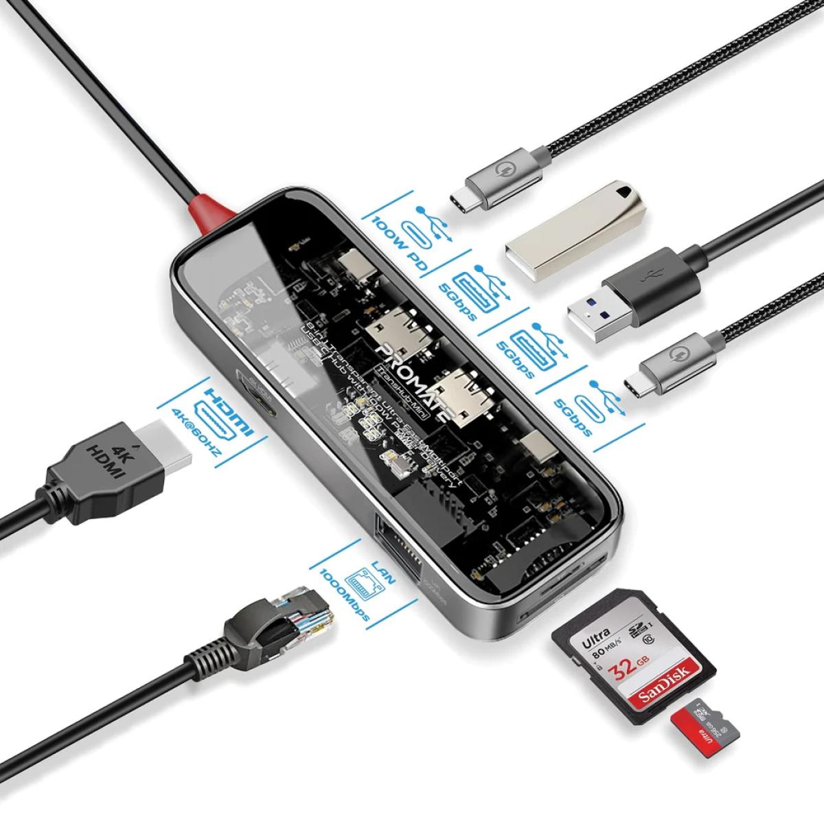 Promate Transhub Mini Usb C™ Hub 8 In 1 Media Hub 4k@60hz Hdmi 1000mbps Lan Sd/tf Ports 2x Usb A 5gbps Ports 100w Usb C™ Power Delivery