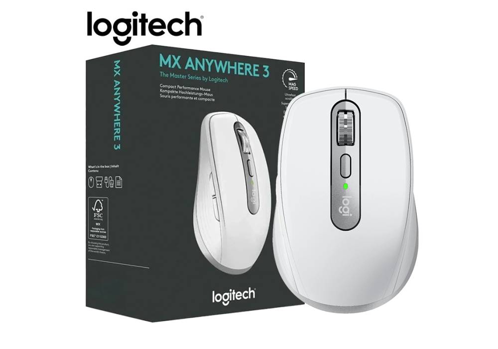 Logitech MX Anywhere 3s Compact Performance Re-chargeable Mouse, Wireless, Fast Scroll, Any Surface, Portable, 4000DPI, Customizable Buttons, USB-C Bluetooth - Pale Grey