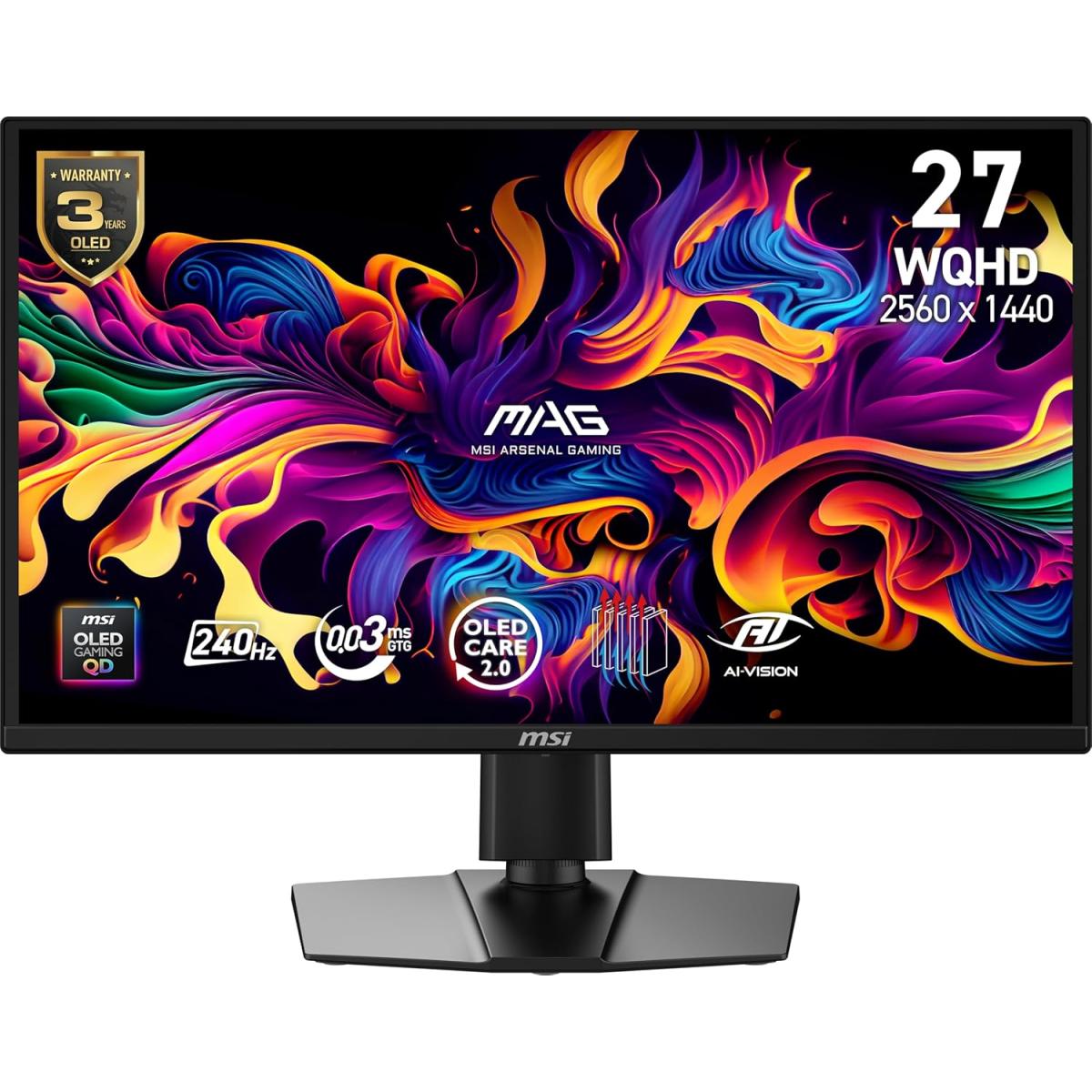 MSI MAG 272QP QD-OLED X24 27" WQHD 2K Gaming Monitor, Quantum Dot OLED Panel, 240Hz, 0.03ms, Adaptive-Sync, HDMI2.1, DP 1.4a, USB‑C 15W PD , Tilt/Height Adjustable, Black