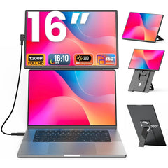 V2COM N2 16" IPS Full HD Portable Monitor Extender with Height-Adjustable Case Stand, 360° Rotation & Vertical Lift, USB-C/HDMI Plug & Play VESA Mount Support