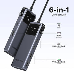 Ugreen Uno 35998 Usb C Hub 6 In 1 Multiport Adapter 4k60hz 100w Usb C Pd, 2x 10gbps Usb C, And 2x 10gbps Usb A Ports With Led Display