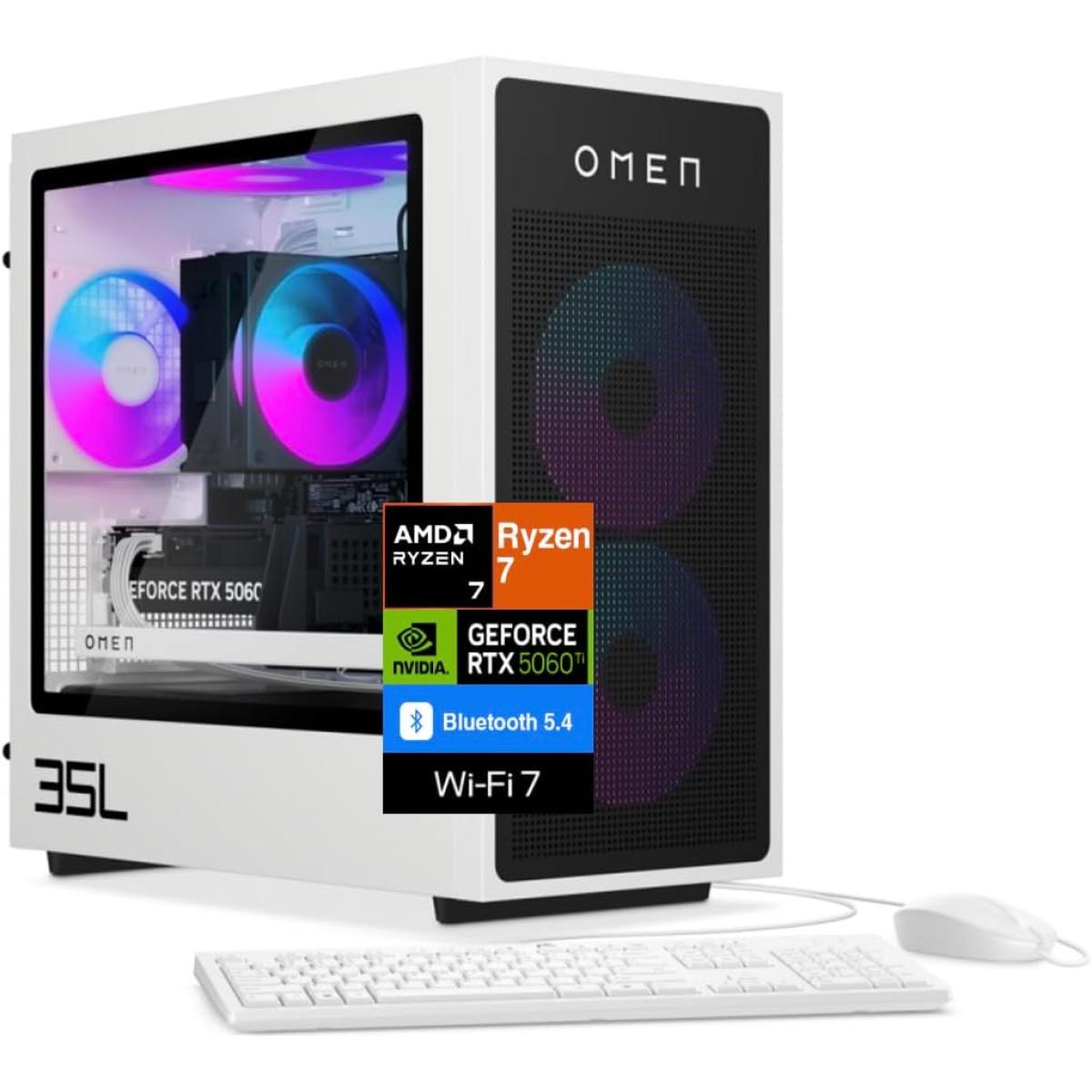 HP OMEN 35L GT16-0344 AI Gaming Desktop PC AMD Ryzen 7 8700F 8-Cores w/ Nvidia RTX 5060 TI 16GB DDR7 & Windows 11 Home - White