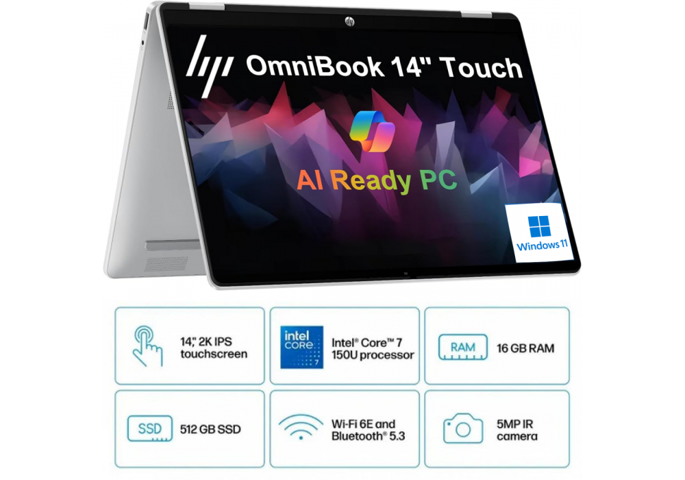 HP OmniBook 5 Flip 14 inch Laptop PC 14-fp0023dx Intel® Core™ 7 150U 5.4 GHz 16 GB LPDDR5-5200, 512 GB M.2 SSD, 14-inch diagonal, 2K (1920 x 1200) IPS Touch - Windows 11 Home