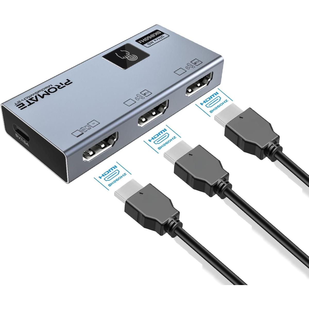 Promate MEDIASWITCH-2T HDMI Switch Adapter, Premium Ultra High-Resolution HDMI Switch with 8K@60Hz, 4K@120Hz Display, 3 HDMI Ports, Touch Control and Ultra-Compa Design