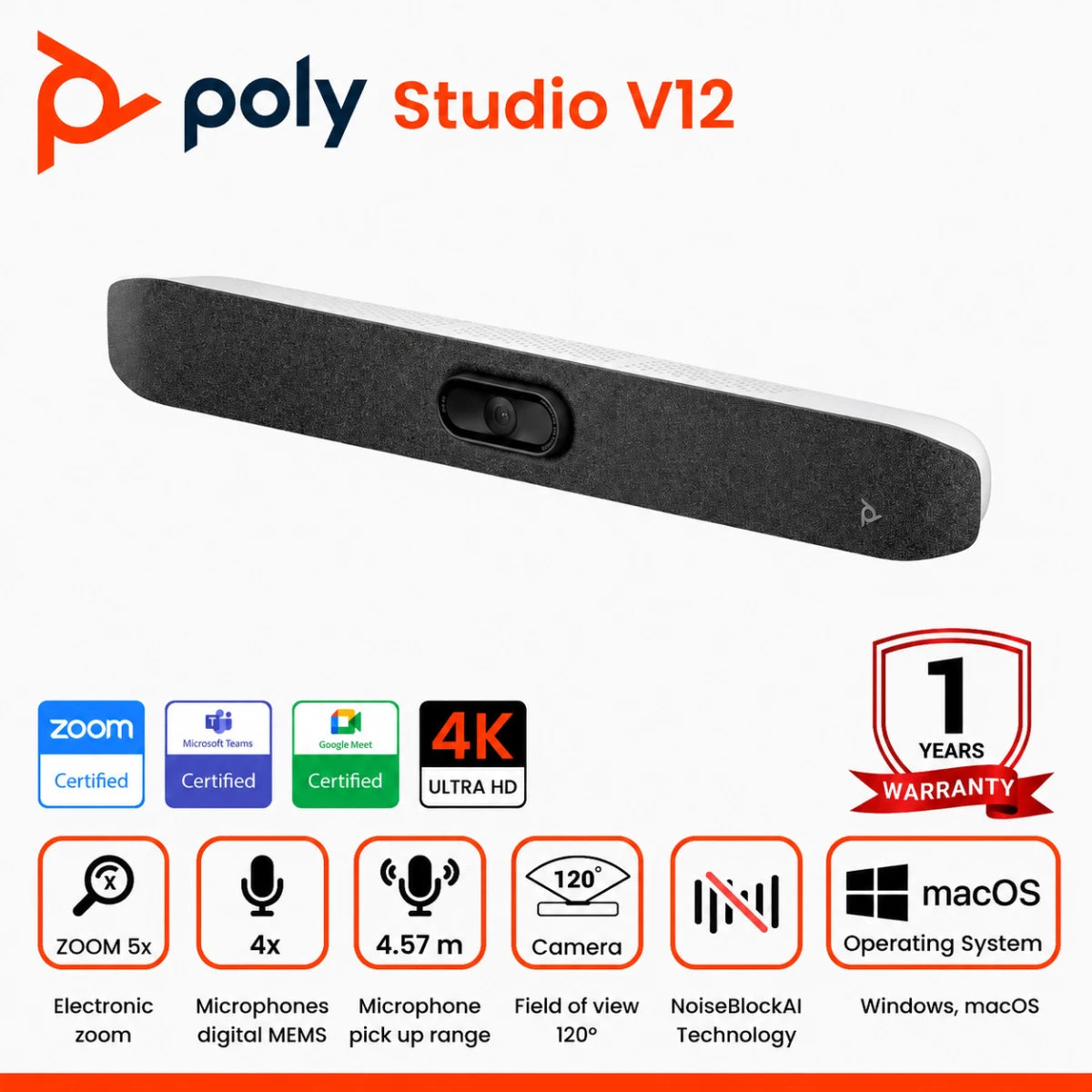 Poly Studio V12 – USB Video Bar for Small Rooms - 4K 20MP Camera, AI-Enhanced Audio, Noise Cancellation, Poly Lens Management - Microsoft Teams, Zoom & Google Meet Compatible - Thoughtfully Made