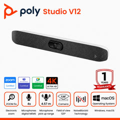 Poly Studio V12 – USB Video Bar for Small Rooms - 4K 20MP Camera, AI-Enhanced Audio, Noise Cancellation, Poly Lens Management - Microsoft Teams, Zoom & Google Meet Compatible - Thoughtfully Made