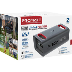Promate PowerTank-600 600W LiFePO4 Power Station, 161000mAh, PD 100W & 30W USB-C, Dual 600W AC, QC 18W USB-A, 15W Wireless, DC Car Port, Solar Input, 1.8Hr Fast Recharge, Black
