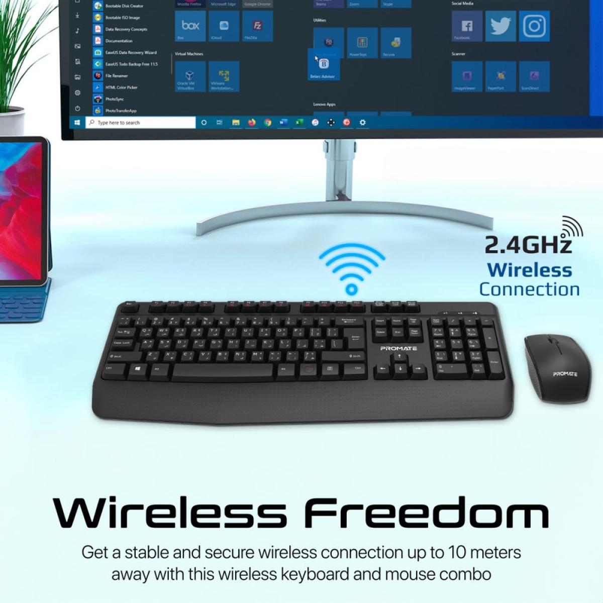 Promate ProCombo-14 Ergonomic Wireless Multimedia Keyboard with Palm Rest & Ambidextrous Mouse, 1200 DPI Sensor Resolution, Media Control, Palm Rest, English - Arabic Layout, Black Promate ProCombo-14 Ergonomic Wireless Multimedia Keyboard with Palm Rest & Ambidextrous Mouse, 1200 DPI Sensor Resolution, Media Control, Palm Rest, English - Arabic Layout, Black