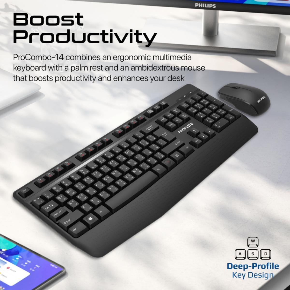 Promate ProCombo-14 Ergonomic Wireless Multimedia Keyboard with Palm Rest & Ambidextrous Mouse, 1200 DPI Sensor Resolution, Media Control, Palm Rest, English - Arabic Layout, Black Promate ProCombo-14 Ergonomic Wireless Multimedia Keyboard with Palm Rest & Ambidextrous Mouse, 1200 DPI Sensor Resolution, Media Control, Palm Rest, English - Arabic Layout, Black