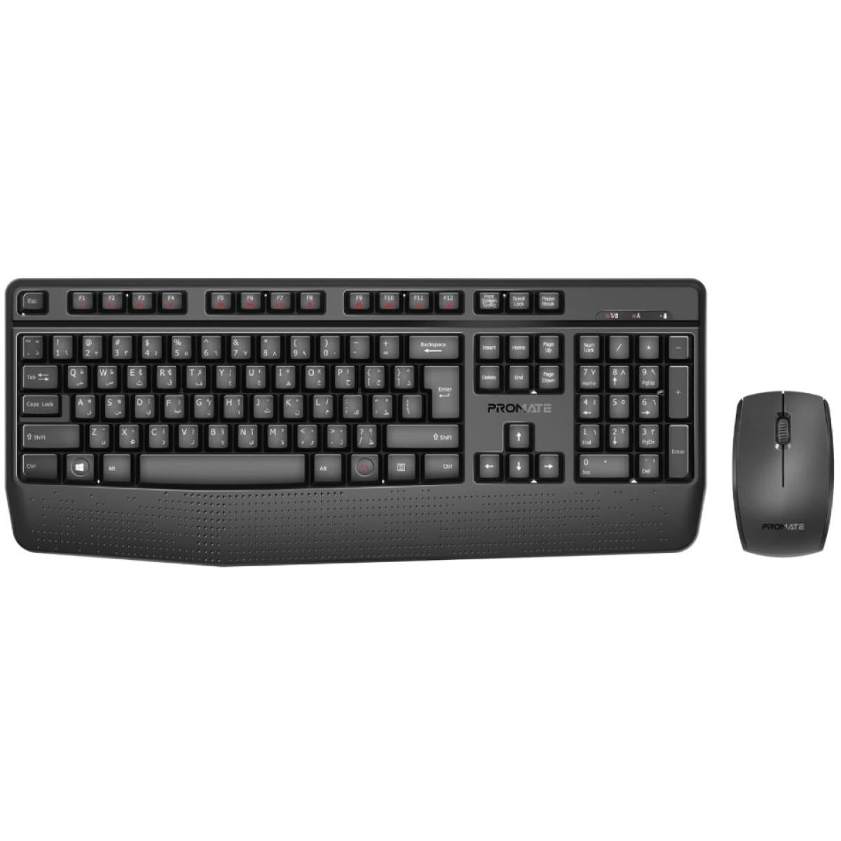 Promate ProCombo-14 Ergonomic Wireless Multimedia Keyboard with Palm Rest & Ambidextrous Mouse, 1200 DPI Sensor Resolution, Media Control, Palm Rest, English - Arabic Layout, Black