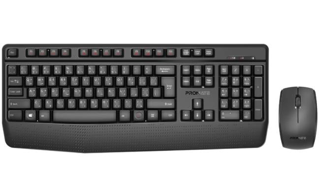 Promate ProCombo-14 Ergonomic Wireless Multimedia Keyboard with Palm Rest & Ambidextrous Mouse, 1200 DPI Sensor Resolution, Media Control, Palm Rest, English - Arabic Layout, Black Promate ProCombo-14 Ergonomic Wireless Multimedia Keyboard with Palm Rest & Ambidextrous Mouse, 1200 DPI Sensor Resolution, Media Control, Palm Rest, English - Arabic Layout, Black