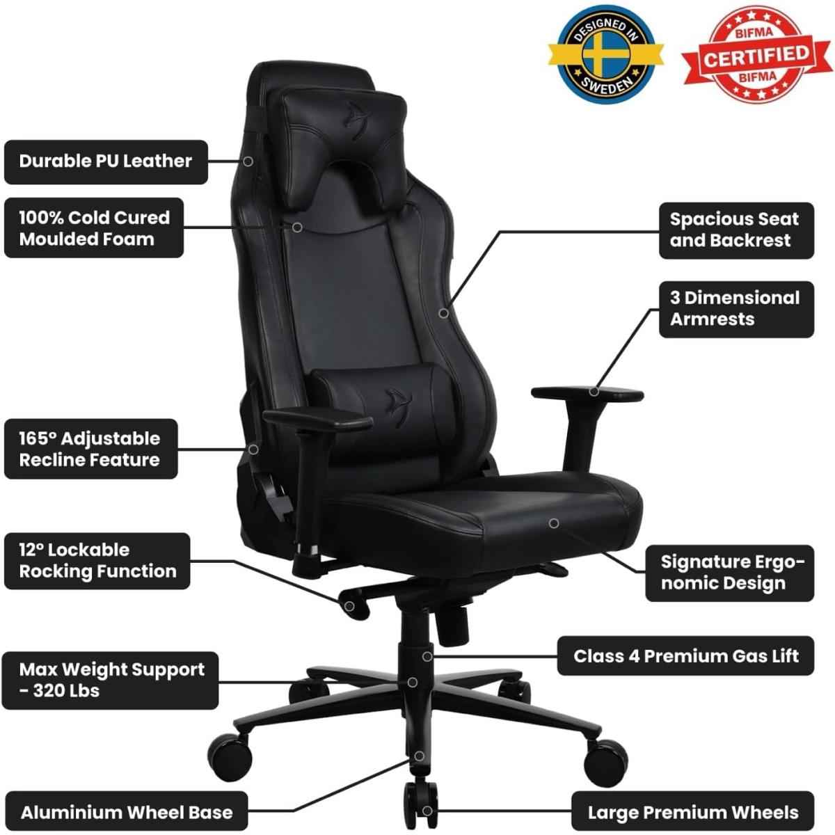 Arozzi Vernazza Soft Pu Leather Ergonomic Office And Gaming Chair With High Backrest Recliner Swivel Tilt Rocker Adjustable Height And Adjustable Lumbar And Neck Support Pure Black