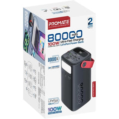 Promate PowerMine-80 Pro 80000mAh High-Capacity Battery Charger 100W USB-C PD Fast Charging, 4 Outputs, 3 Inputs, Solar DC, Lightning, Digital Display, LED Light