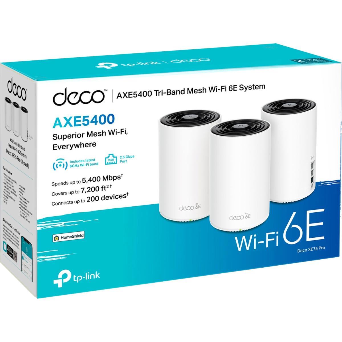Tp Link Deco Xe75 Pro Axe5400 Tri Band Mesh Wi Fi 6e System, Wireless Speeds Up To 5400 Mbps, Ai Driven, 2 2 Mu Mimo, Ofdma, Universal Compatibility, High Gain Antennas (3 Pack), White