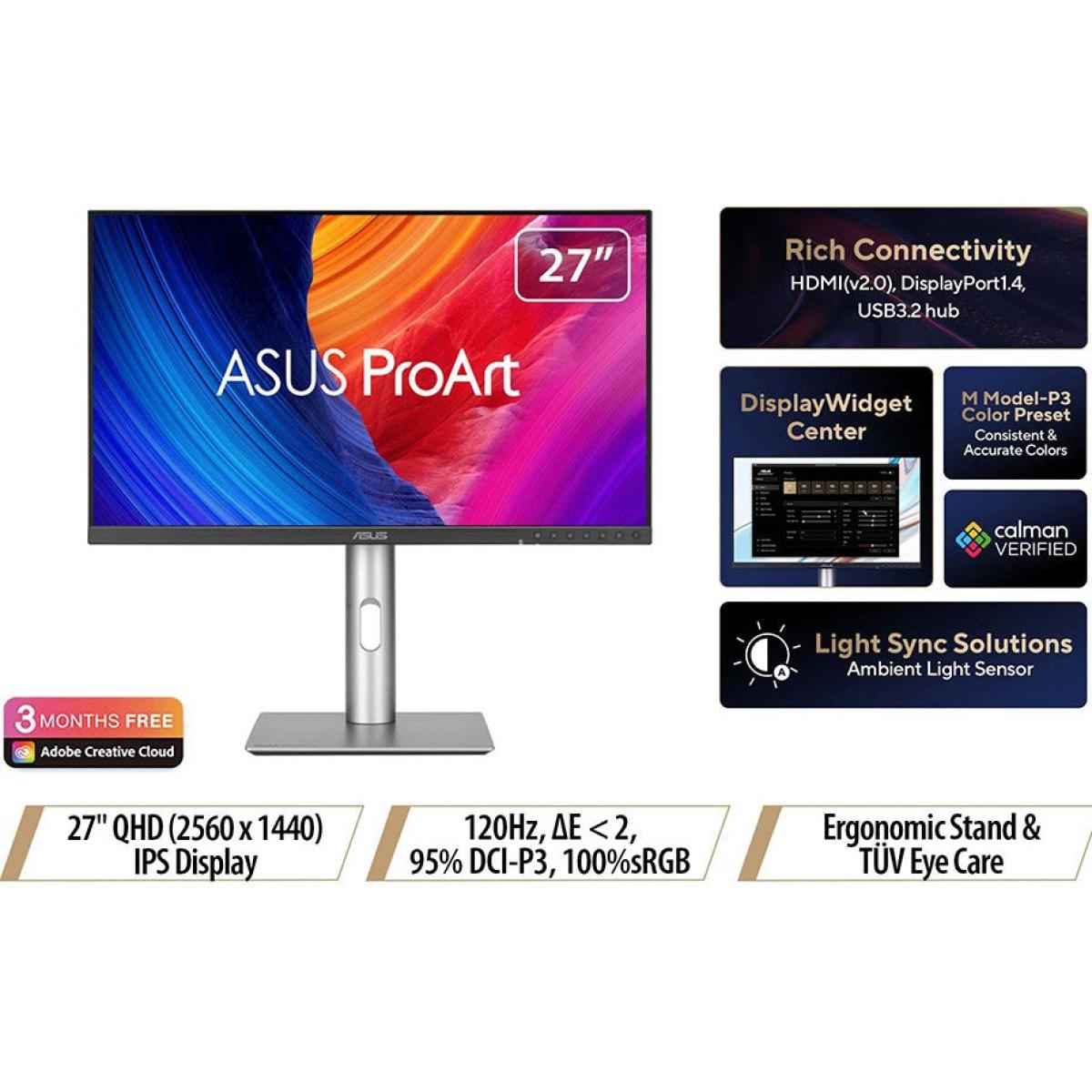 Asus Proart Pa278qv Gen2 Professional 27” Ips 2k Qhd Hdr10 120hz 95% Dci P3, 100% Srgb Color Accuracy Δe < 2, Calman Verified Eye Care Anti Glare & Tilt Pivot Swivel Height Adjustable Stand