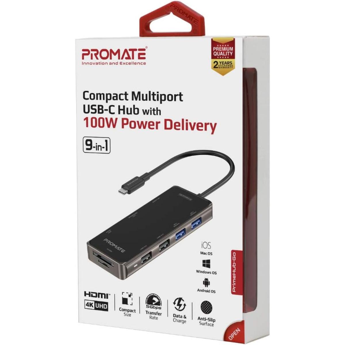 Promate Primehub Go 9 In 1 Usb Type C Adapter W/ 1000mbps Lan 100w Usb C Power Delivery 4k Hdmi 4 Usb Ports & Tf/sd Card Slot - CompuMe