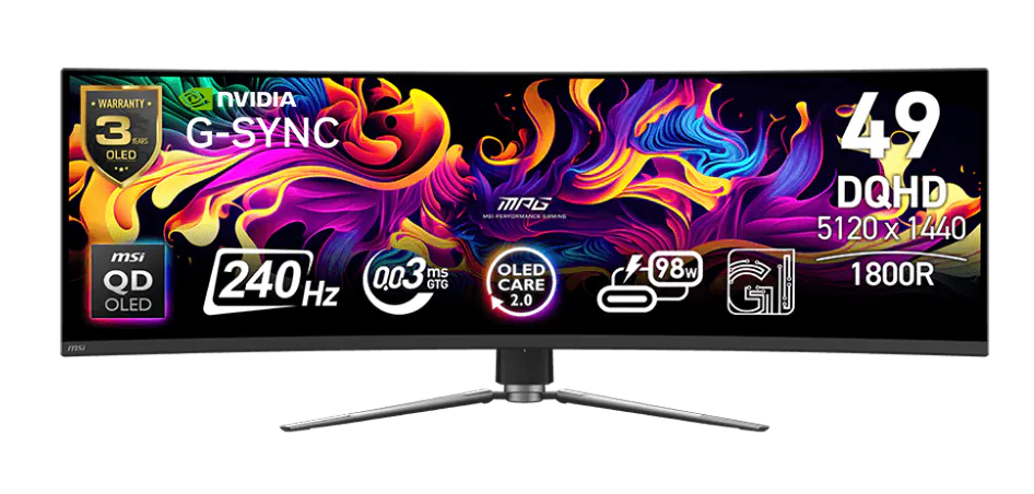 MSI MPG 491CQPX QD-OLED 49" Curved Ultrawide , 5K DQHD 5120×1440, 240Hz, 0.03ms Response, HDR True Black 400 Gaming Monitor