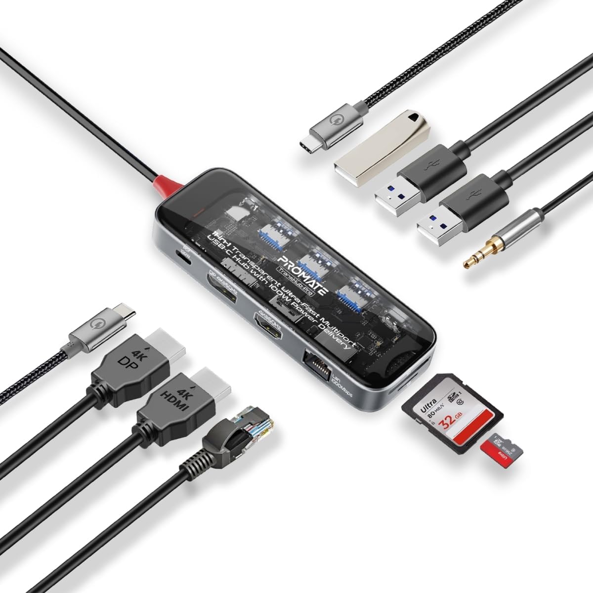 Promate Transhub Pro Usb C Hub 11 In 1 Multi Display 2x 4k Hdmi 4k Displayports 1000mbps Lan Aux Sd/tf Usb Ports Efficient 100w Usb C™ Power Delivery - CompuMe