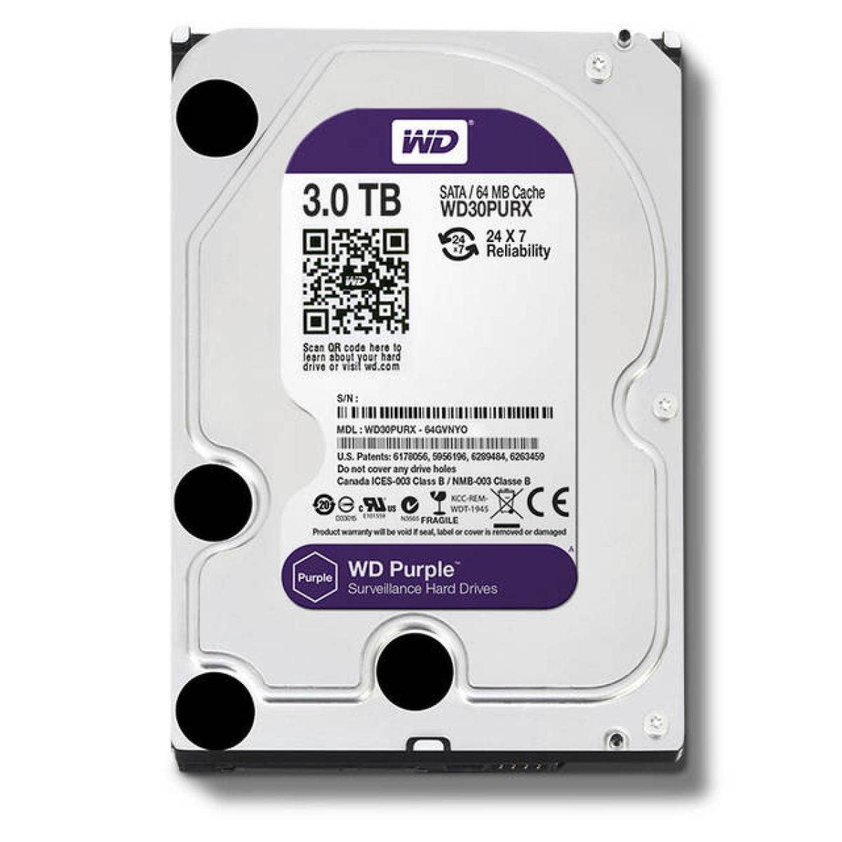 WD 3TB WD Purple Surveillance Hard Drive 3.5" SATA 5400 RPM 64 MB Cache