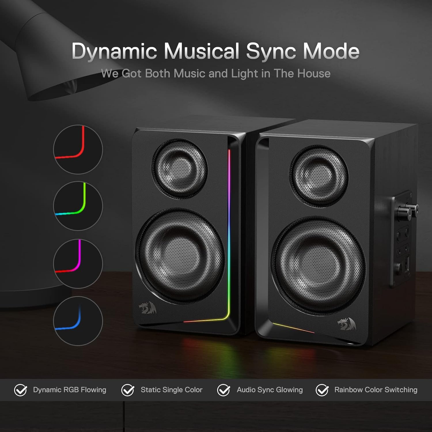 Redragon GS812 Wireless RGB Wooden Desktop Speakers, 2.0 Channel Bookshelf