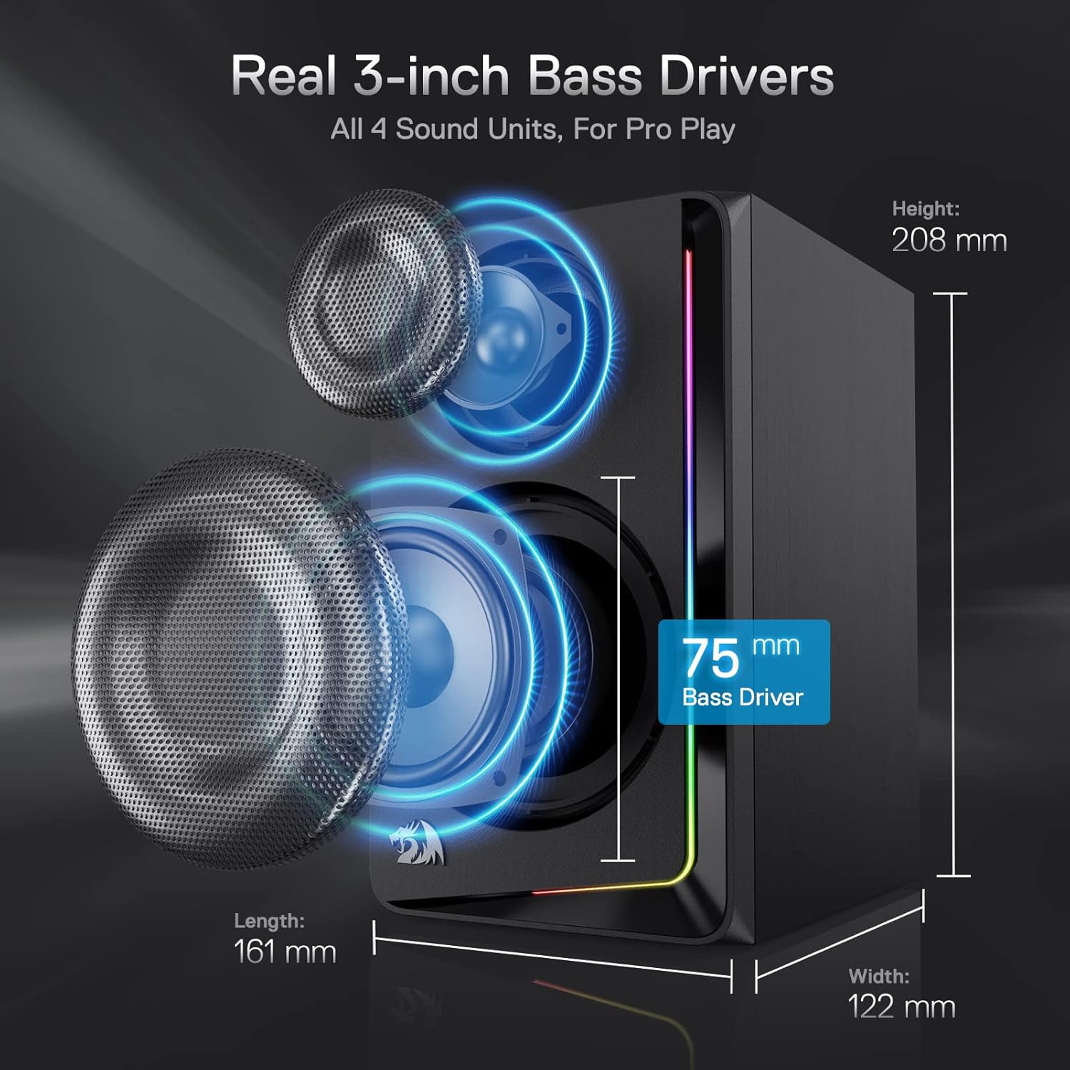 Redragon GS812 Wireless RGB Wooden Desktop Speakers, 2.0 Channel Bookshelf