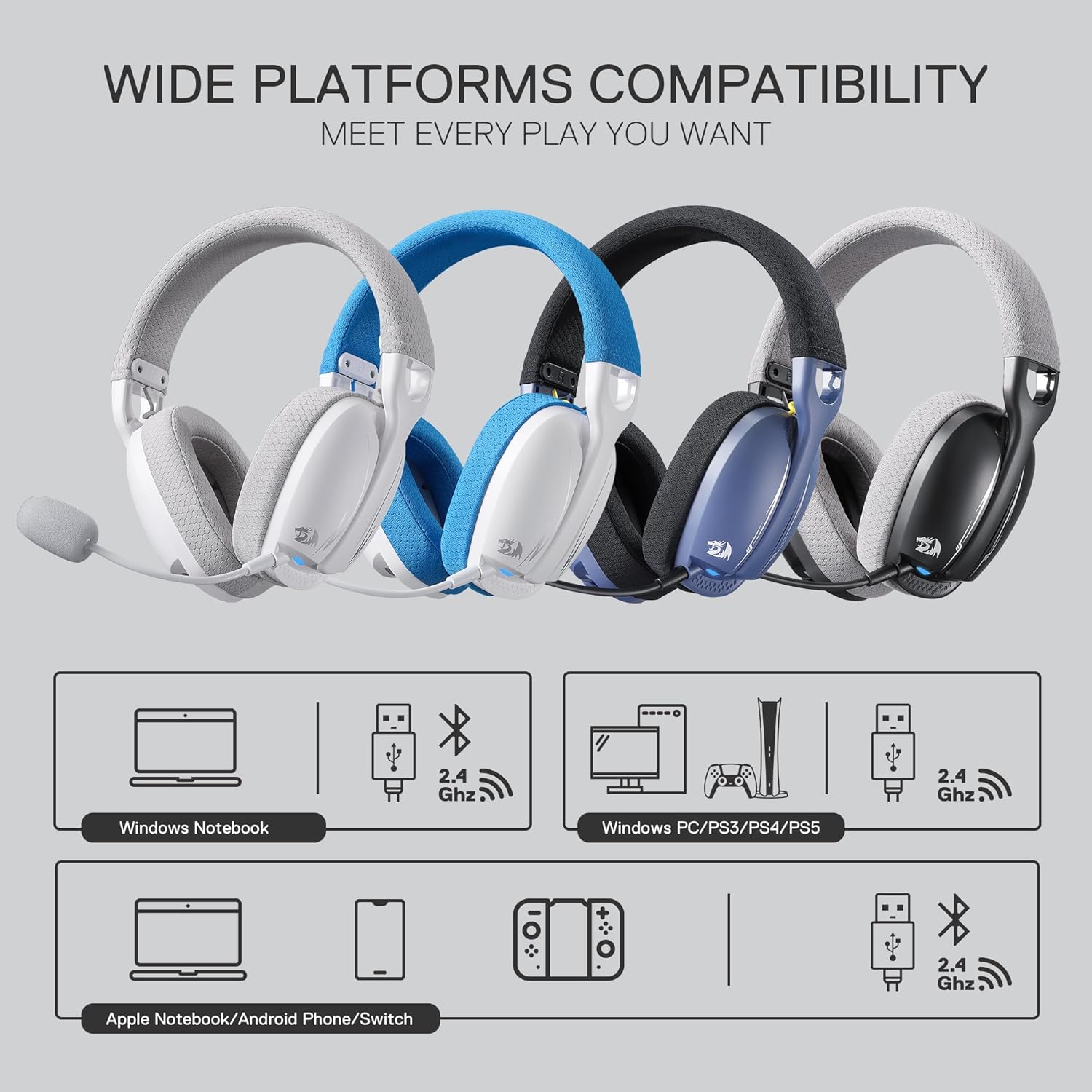 Redragon H878 3 - mode Wireless Blue Lighting Gaming Headset - Lightweight - 7.1