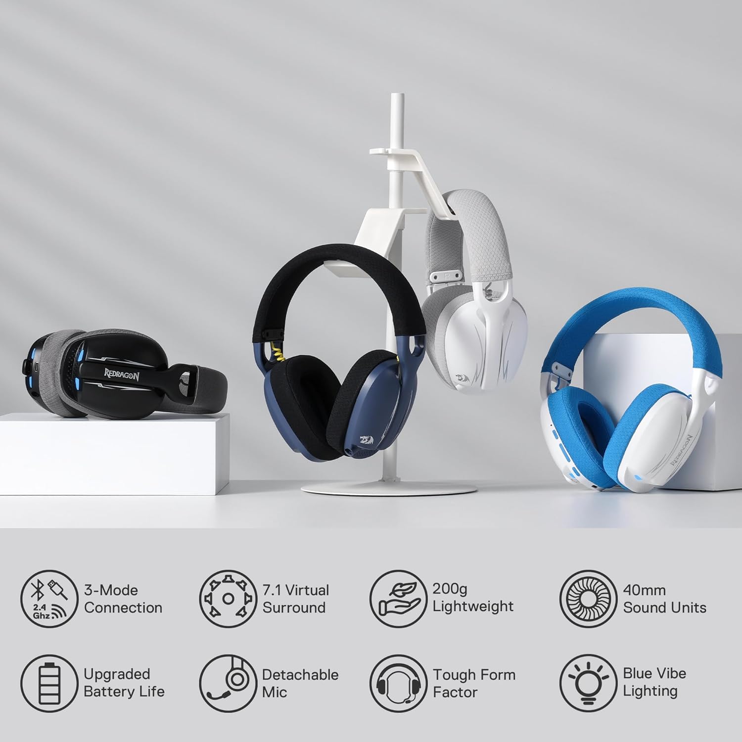 Redragon H878 3 - mode Wireless Blue Lighting Gaming Headset - Lightweight - 7.1