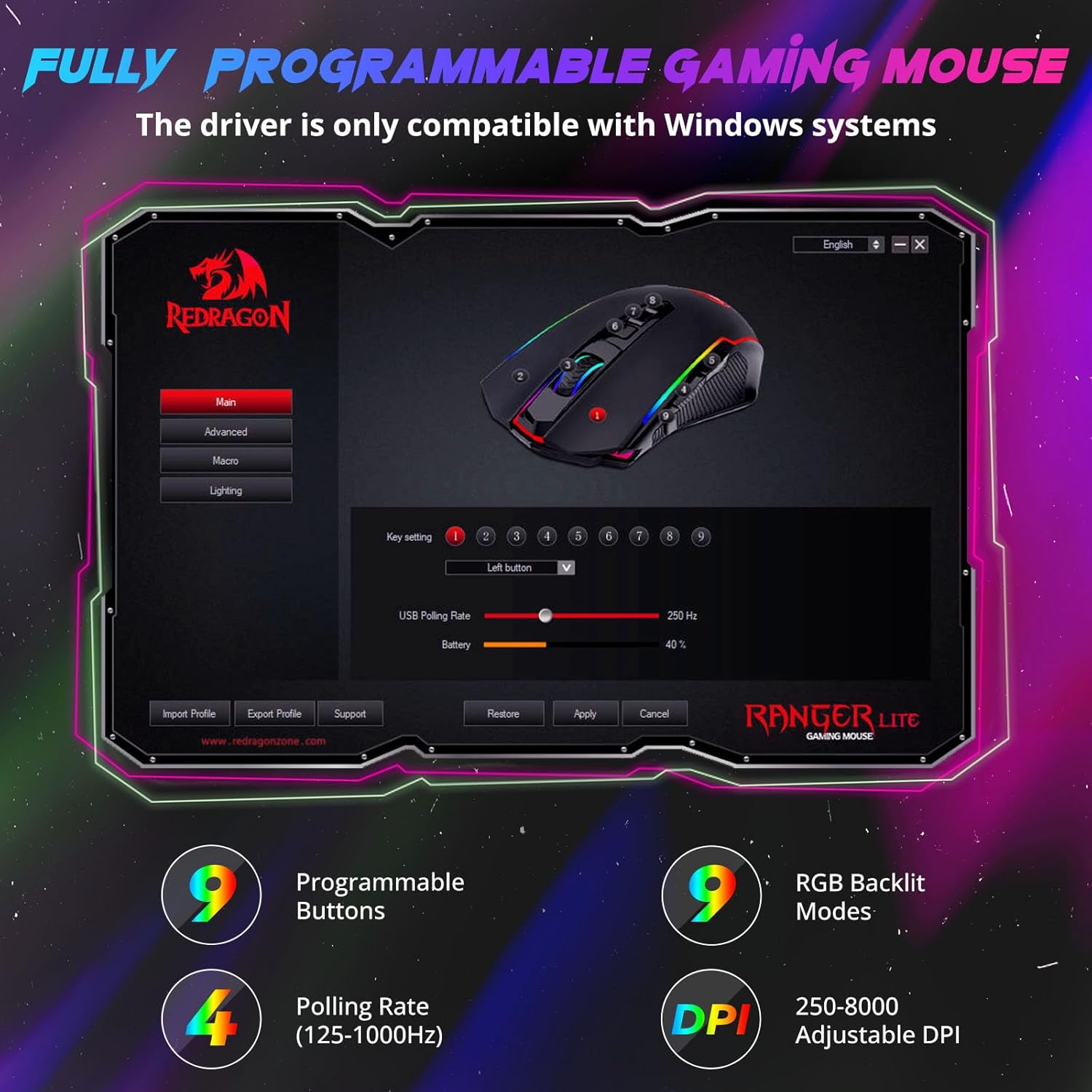 Redragon M910 Pro Gaming Mouse, Wireless Mouse Gaming with 8000 Dpi, Gaming, RGB