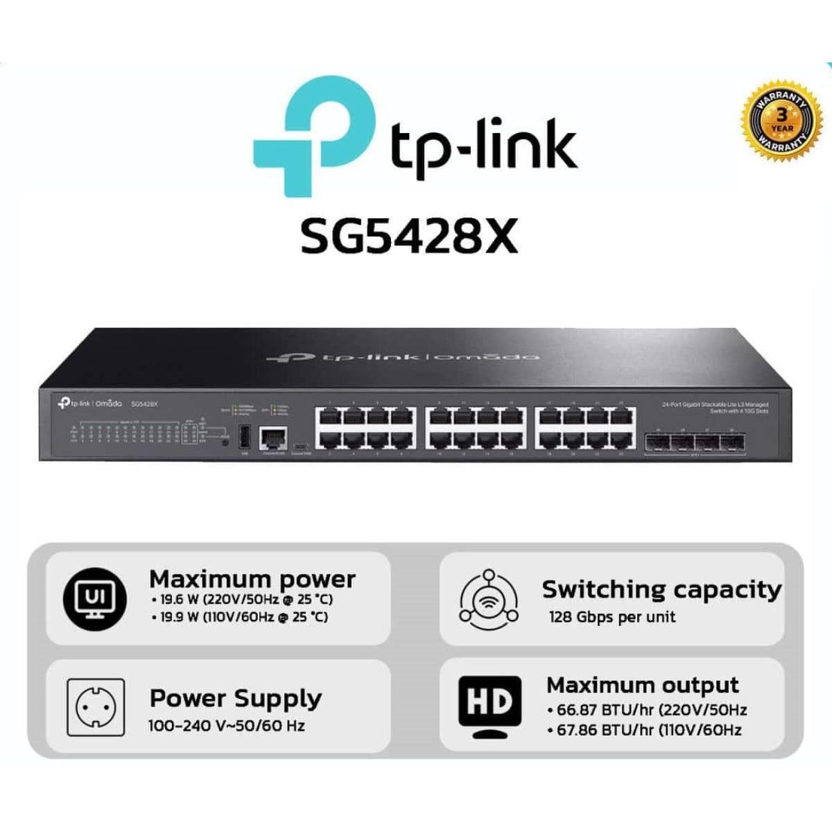 Tp Link Tl Sg3428x | Jetstream 24 Port Gigabit Switch, 4 X 10ge Sfp+ Slots | L2+ Smart Managed | Omada Sdn Integrated | Ipv6 | Static Routing | Support Qos, Igmp & Lag