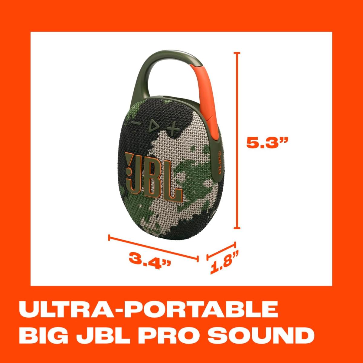 JBL Clip 5 - Ultra-Portable, Waterproof & Dustproof Bluetooth Speaker, Big Pro Sound with Punchy bass, Integrated Carabiner, Up to 12 Hours of Play, Made in Part with Recycled Materials , Squad JBL Clip 5 - Ultra-Portable, Waterproof & Dustproof Bluetooth Speaker, Big Pro Sound with Punchy bass, Integrated Carabiner, Up to 12 Hours of Play, Made in Part with Recycled Materials , Squad