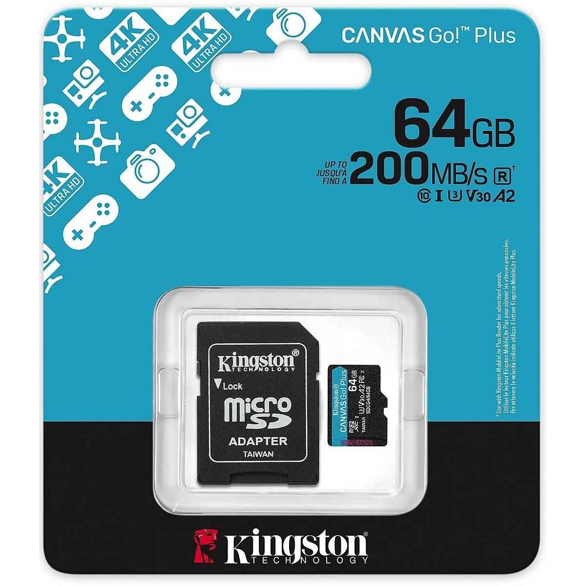 Kingston 64gb Microsdxc Canvas Go Plus 200mb/s Read Uhs I C10 U3, V30 Memory Card