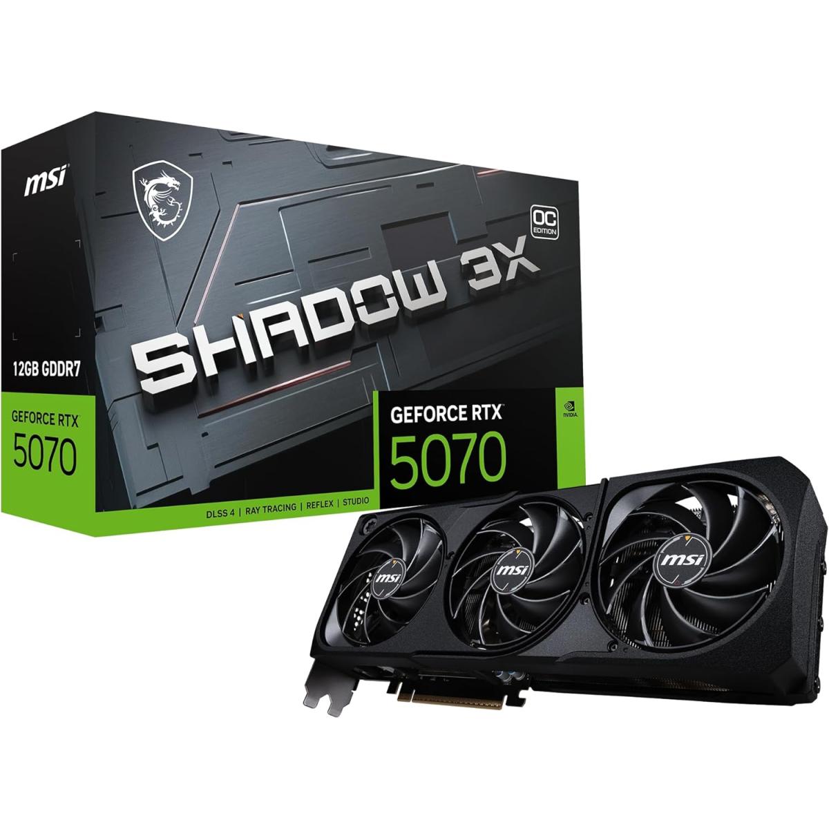 MSI GeForce RTX 5070 SHADOW 3X OC Edition 12GB GDDR7 192-Bit Memory, 2542 MHz Boost Clocks, 6144 CUDA Cores, 28 Gbps Memory Speed, PCI Express Gen 5