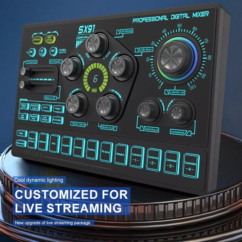 Sound SX91 48v Audio Mixer with Voice Changer, podcast Mixer, sound Card for Phone