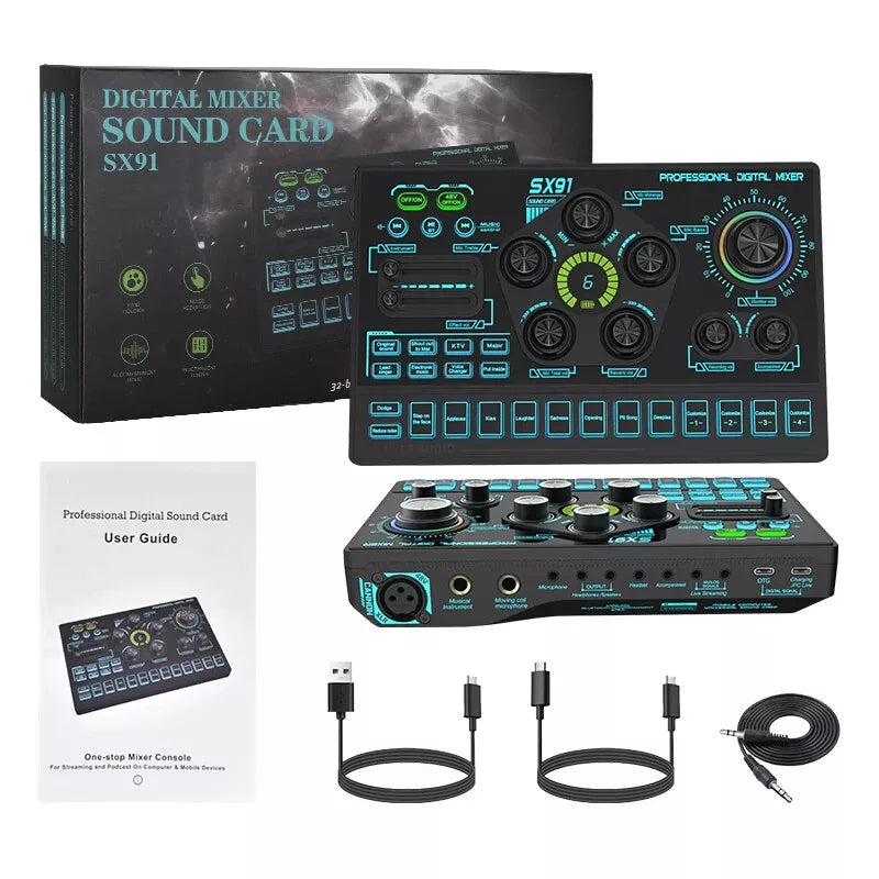 Sound SX91 48v Audio Mixer with Voice Changer, podcast Mixer, sound Card for Phone