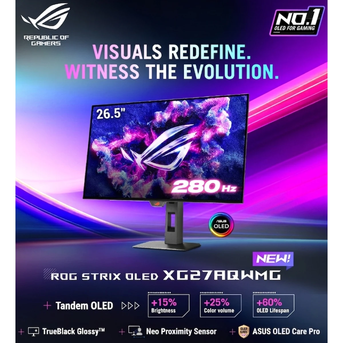 ASUS ROG Strix XG27AQWMG 27” TrueBlack Glossy™ Tandem OLED 2K QHD 280Hz 0.03ms DisplayHDR™ 500 Proximity Sensor Adaptive-Sync HDMI 2.1, Black