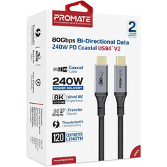 Promate Powerbolt5 80g Thunderbolt 5 Usb 4 Cable 80gbps Data Transfer, 240w Power Delivery, 8k Ultra Hd Display Support, Usb C To Usb C 1.2m Cable, Compatible With Thunderbolt 5, Durable Build Black